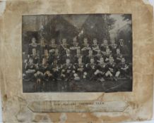 A black and white photograph of the New Zealand football team, 1905-6, with insert of team