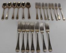 A set of six early Victorian silver table forks, together with a set of six matching dessert forks,