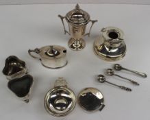 A George V silver mustard pot of oval form, Chester, 1923, together with a pair of silver open