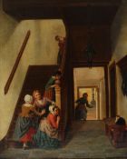In The style of Van Stoebel An Interior scene with children on the stairs Oil on canvas Signed ``