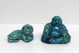 A Chinese pottery figure of a seated Buddha in a turquoise glaze, 9cm high, together with a similar