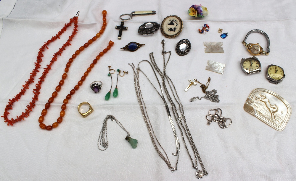 A coral necklace together with watches, mother of pearl panel, game counters and assorted costume