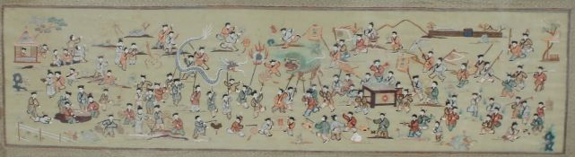 A Chinese silk picture depicting one hundred children at play, 52 x 156 cm