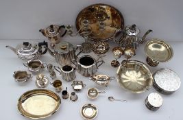 An electroplated three piece tea set together with a candelabra and assorted electroplated items