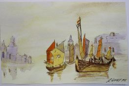 Reginald ``Reggie`` Kray (British, 1933-2000) Boats in a harbour Watercolour Signed and dated 92 13