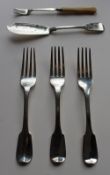 A set of three George III silver fiddle pattern table forks, London, 1814, two by William Eley &