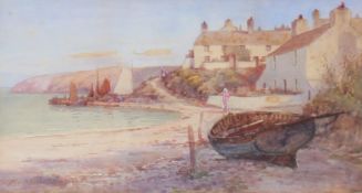 Warren Williams A coastal scene with a boat on the beach and cottages beyond Watercolour Signed 20