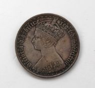A Victorian Silver One Florin coin, Gothic type dated 1873 purchased from B.A Seaby Ltd, 23-2-81