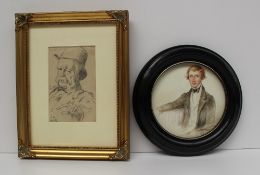 19th Century British School Head and Shoulders portrait of a gentleman in a bow tie A circular