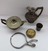 An electroplated teapot and hot water jug together with a brass ashtray and gauge