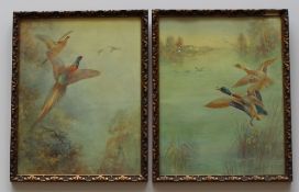 James Stinton Pheasants in flight above a wooded landscape Watercolour Signed 25.5 x 19.5cm