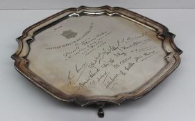 An Elizabeth II silver salver of shaped square form, engraved to the centre, ``Sheffield United