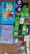 Assorted Tetley tea collectables, toy cars, desk clock etc