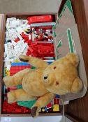 A Wendy Boston Playsafe teddy bear together with a box of lego, chess board, Play Family toys,