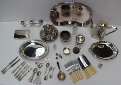An electroplated kidney shaped tray, together with entree dishes, flatwares, cigarette box, egg cups