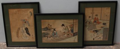 A Japanese woodblock print depicting a geisha dancing, 32 x 22 cm, together with two other woodblock
