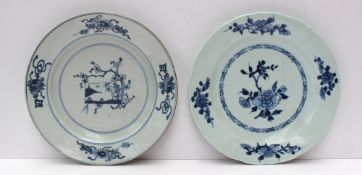 A Chinese porcelain plate painted with a central scene, the border decorated with a fan, and other