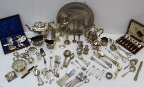 Assorted epns including a tray, spoons, bud vases etc