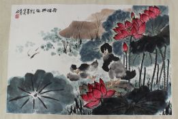A Chinese watercolour of ducks amongst flower heads and leaves, together with a print and a silk