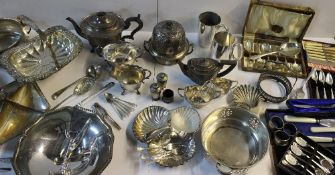 An electroplated pedestal dish together with three piece tea sets, cased flatwares, tankards etc