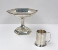 A George V silver pedestal bowl of hexagonal form, on a tapering column and spreading foot,