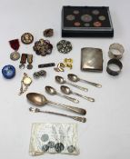 A Silver cigarette case, together with napkin ring, spoons, Scottish jewellery, costume jewellery