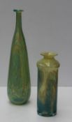 A Mdina glass vase of tall tapering cylindrical form, decorated in yellows and green, the base