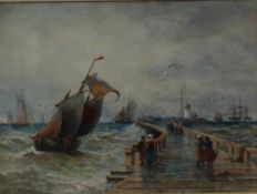 Circle of Thomas Bush Hardy
A pier with sailing ships on a choppy sea
Watercolour
Bears a