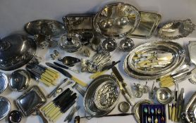 A small silver pin tray together with entree dishes, trays, flatwares, a coin set toddy ladle,