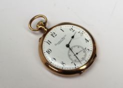 An International watch co, keyless wound open faced pocket watch, the enamel dial with Arabic