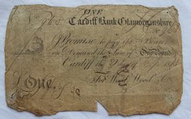 Cardiff Bank Glamorganshire a One Pound Bank Note dated the 21st Day of September 1818, for Wood