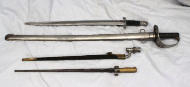 A dress sword together with three bayonets