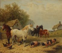 In the style of J F Herring
Horses pigs and chickens in a farmyard
Oil on board
21 x 24 cm