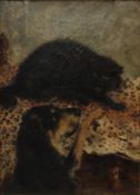 In the manner of Henriette Ronner
A black cat on a table with a dog below
Oil on canvas
Initialled