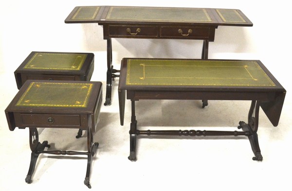 A SUITE OF ENGLISH 20TH CENTURY REGENCY STYLE MAHOGANY TABLES comprising a sofa table, lower drop-