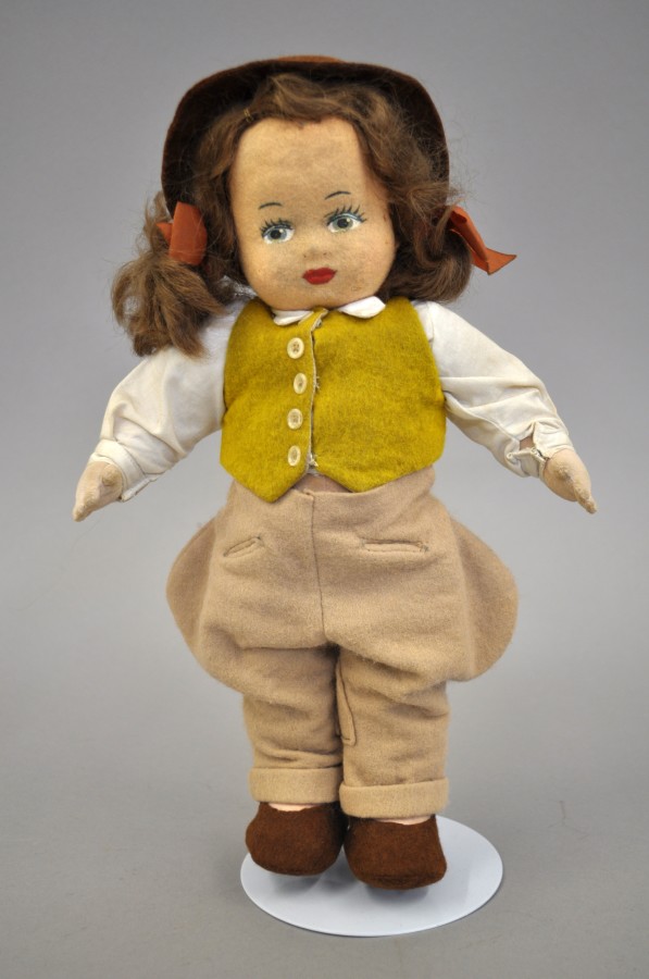Chad Valley felt Doll: stockinet face with painted features, brown wig in bunches with ribbons,