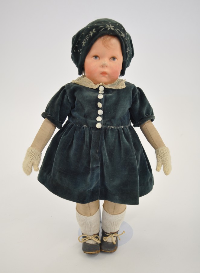 Käthe Kruse (Germany) Cloth Doll: moulded face with painted features including finely painted blue