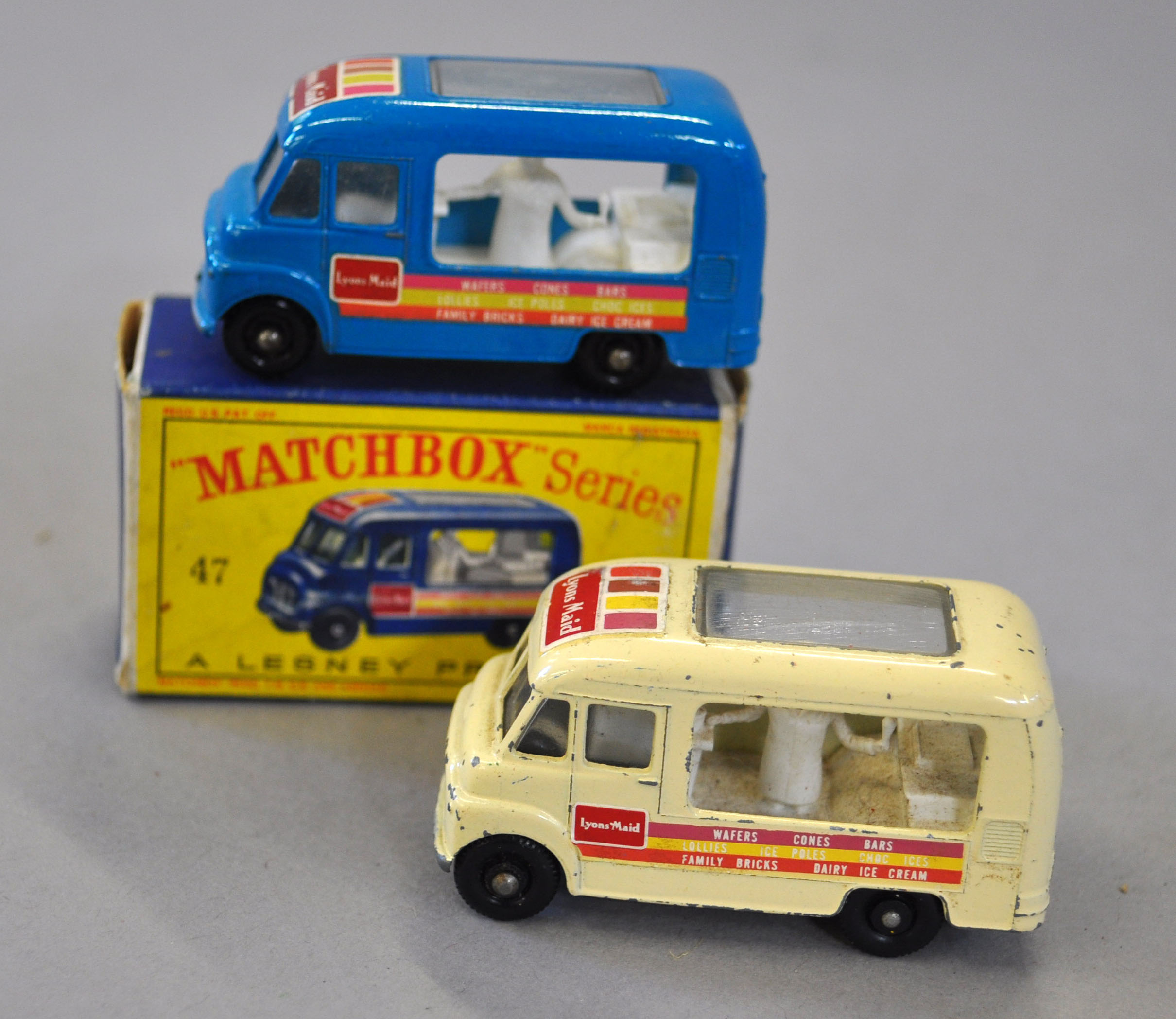 Two Lesney Matchbox 47b Commer Lyons Maid Ice Cream Vans, one in blue ...