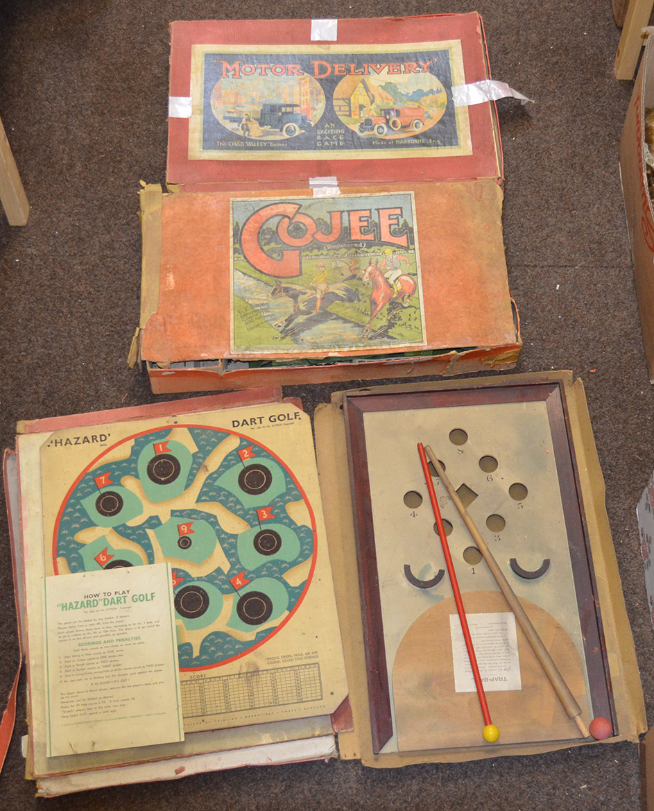 Selection of games, includes Glevum Gojee and Chad Valley Motor Delivery Race Game (contains G board