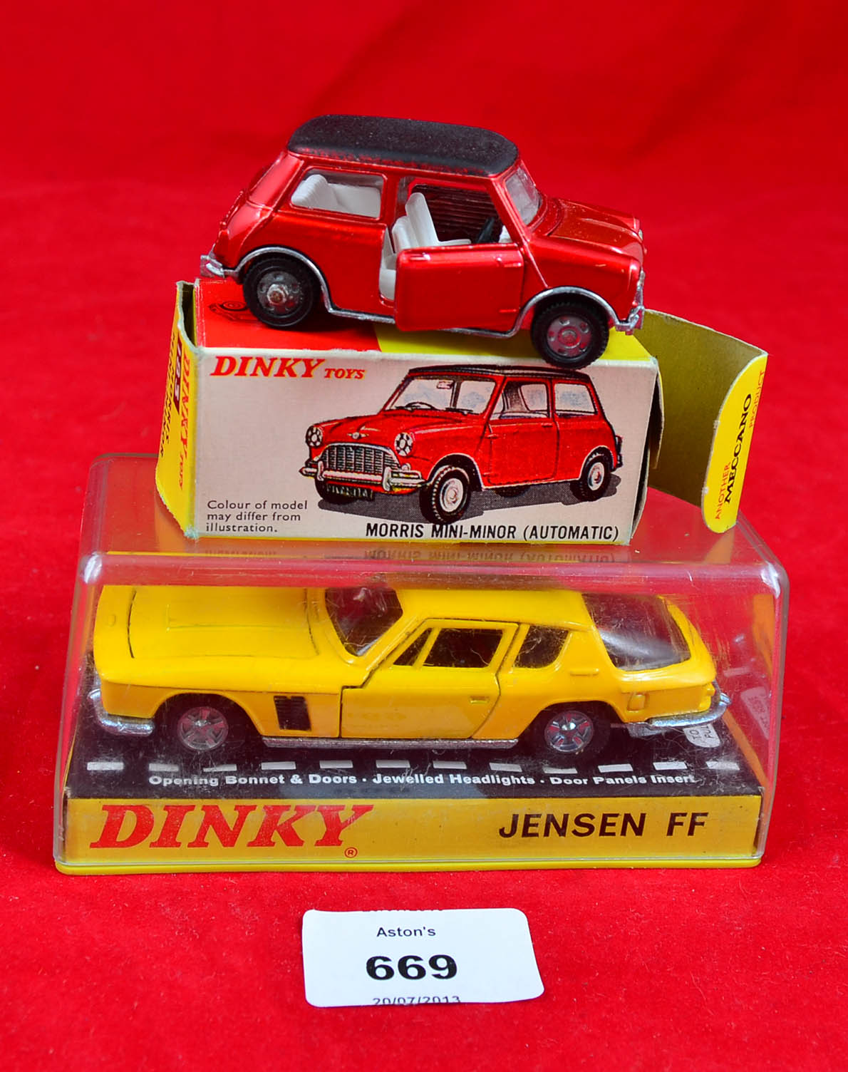 Two Dinky Toys cars: 188 Jensen FF (VG in VG box); 183 Morris Mini-Minor (VG in G/VG box).
