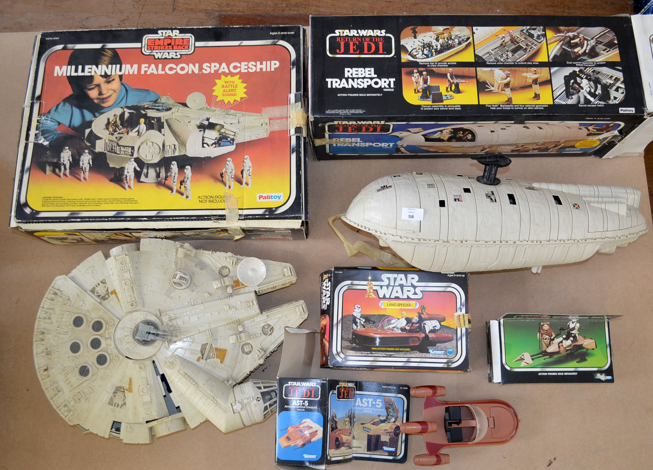 Quantity of boxed Kenner/Palitoy Star Wars toys: Palitoy Rebel Transport; Kenner Land Speeder;