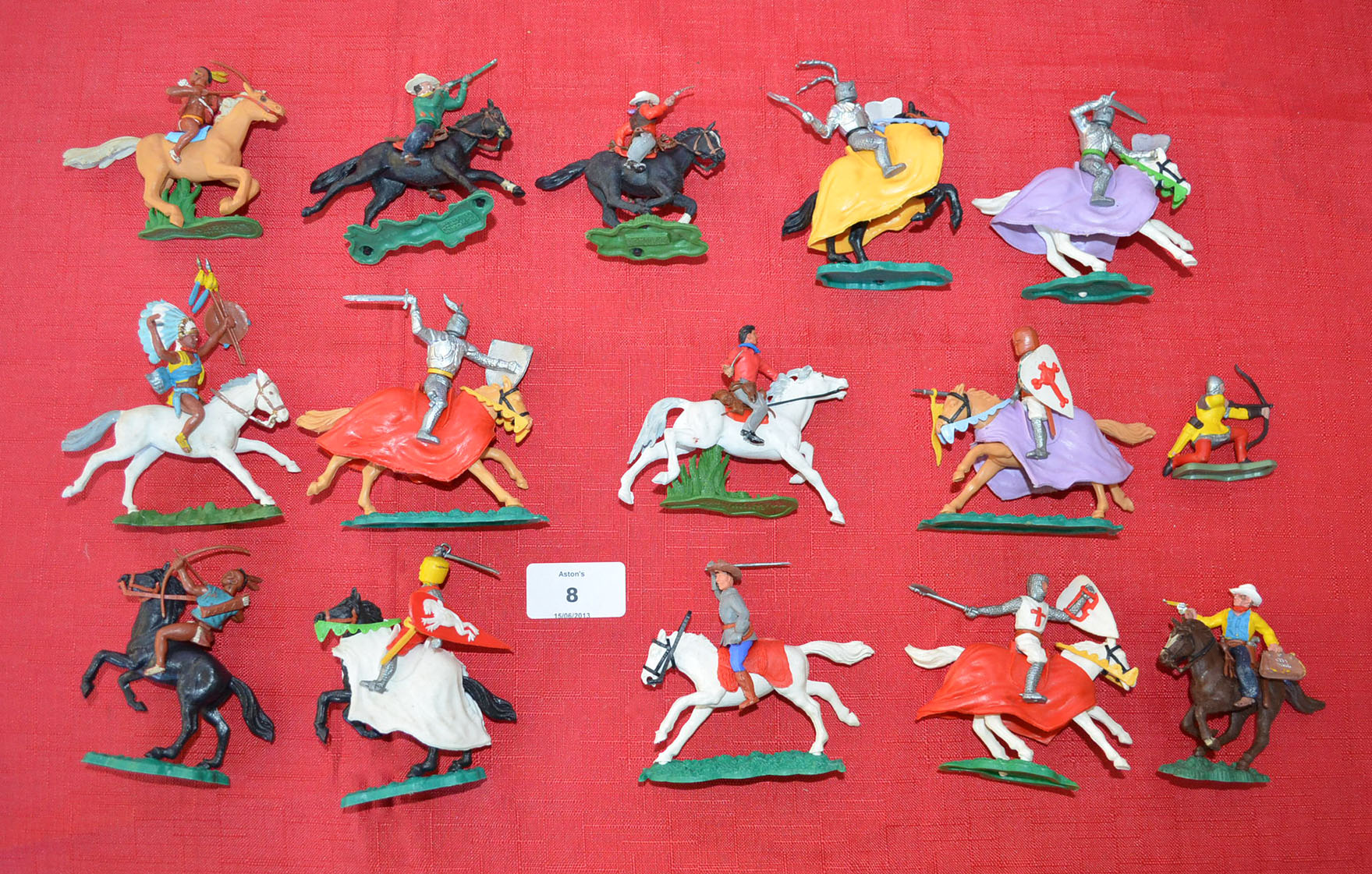 Selection of Timpo and Britains plastic figures, all but one mounted. Includes five Britains