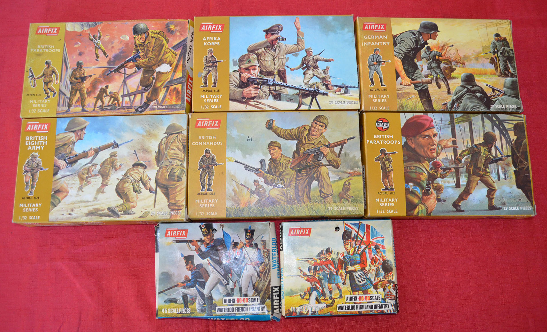 Six Airfix 1/32 scale Military Series soldier sets: 2 x 1712 British Paratroops; 1718 German