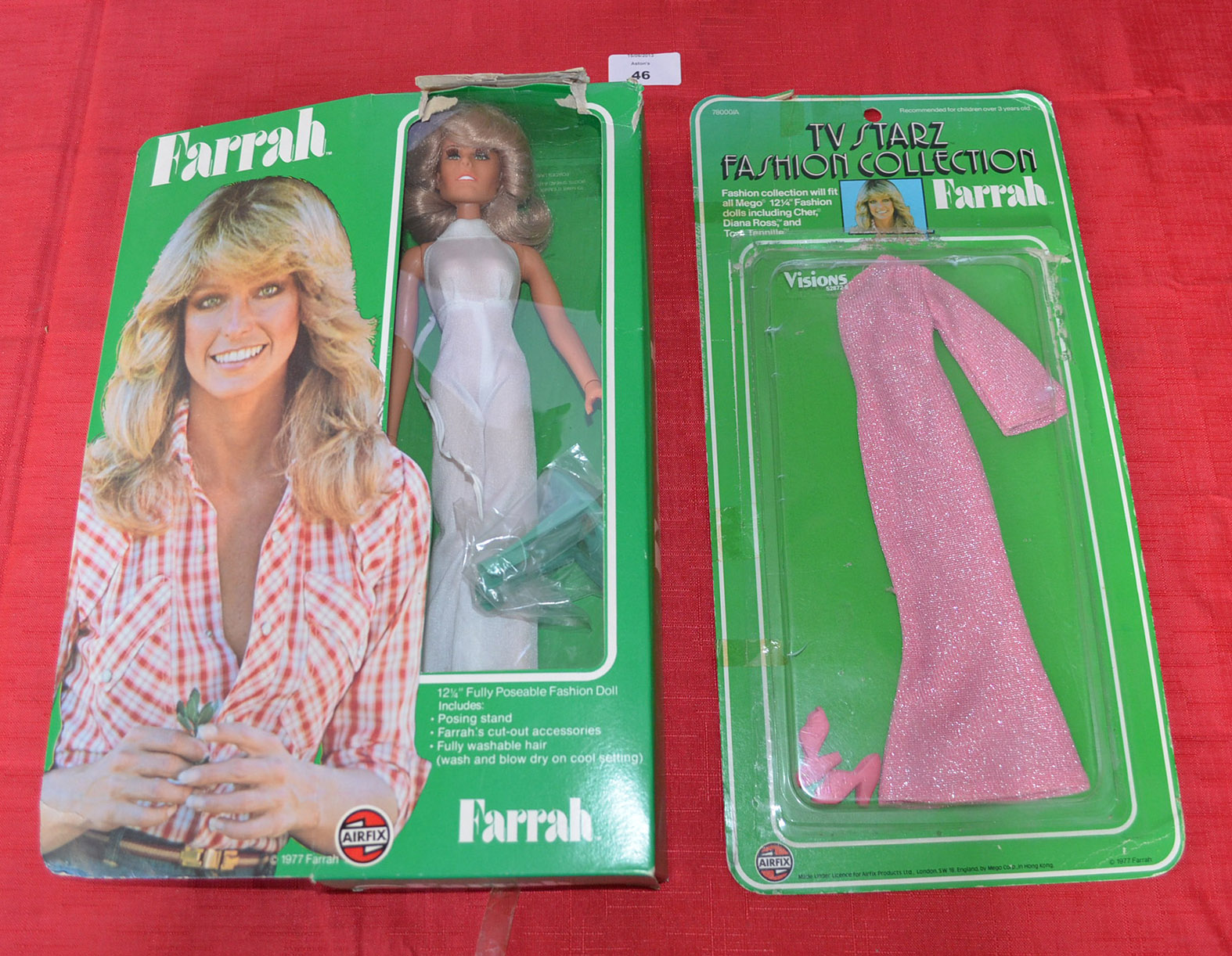 Airfix Farrah Fawcett doll, c.1970s: 12 1/4`` fashion doll in white jumpsuit and white heels,