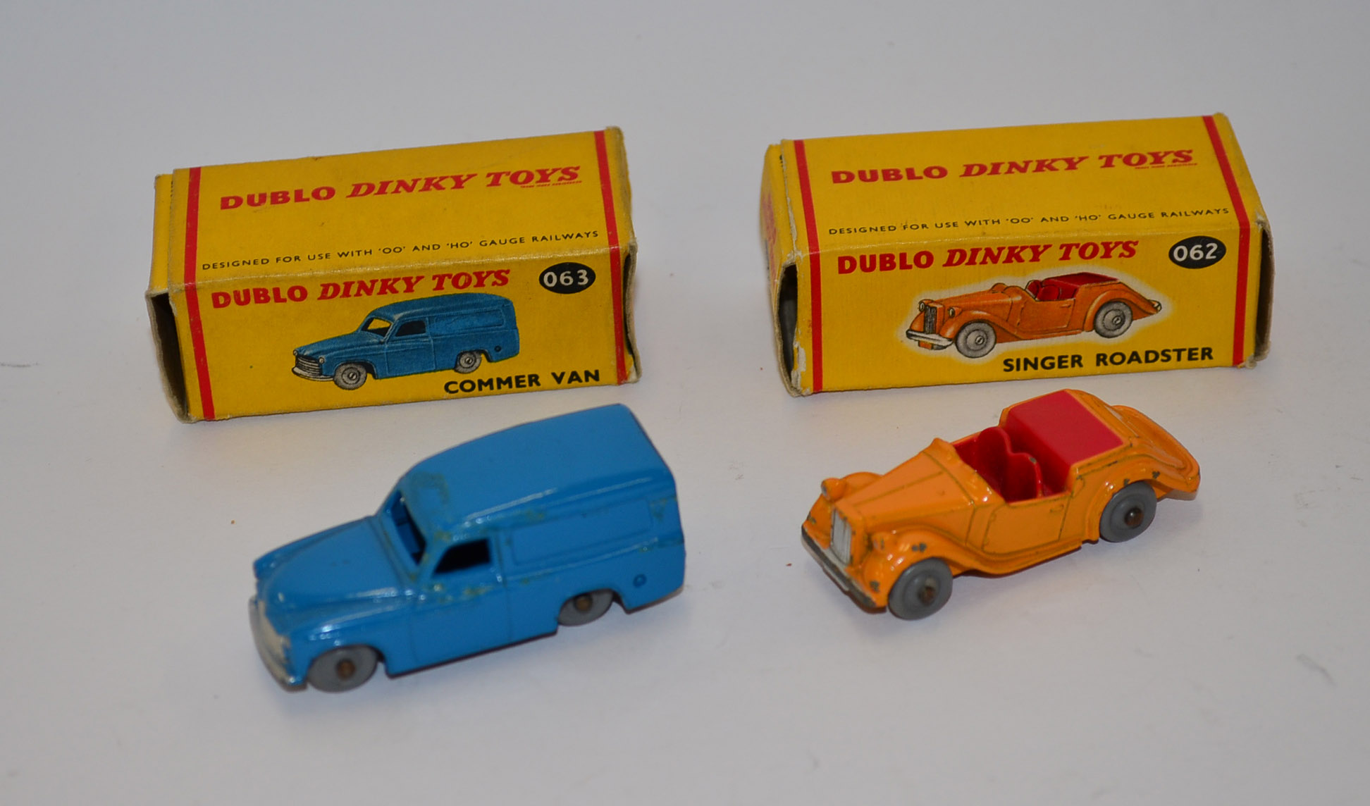 Two Dublo Dinky Toys: 62 Singer Roadster (G in VG box); 63 Commer Van (G, yellow residue to body, in