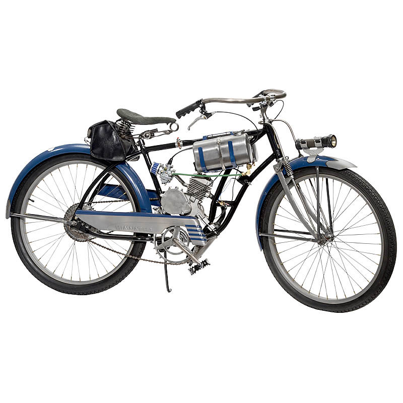 Hiawatha Motorbike, c. 1950 2 cylinder, 66 cc, double tank, detachable front lamp, spring front