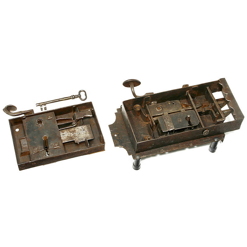 2 Case Locks, 18th Century Door locks, wrought-iron. 1) 2 latches, 1 lever, size 12 ½ x 6 ¾ in. ?