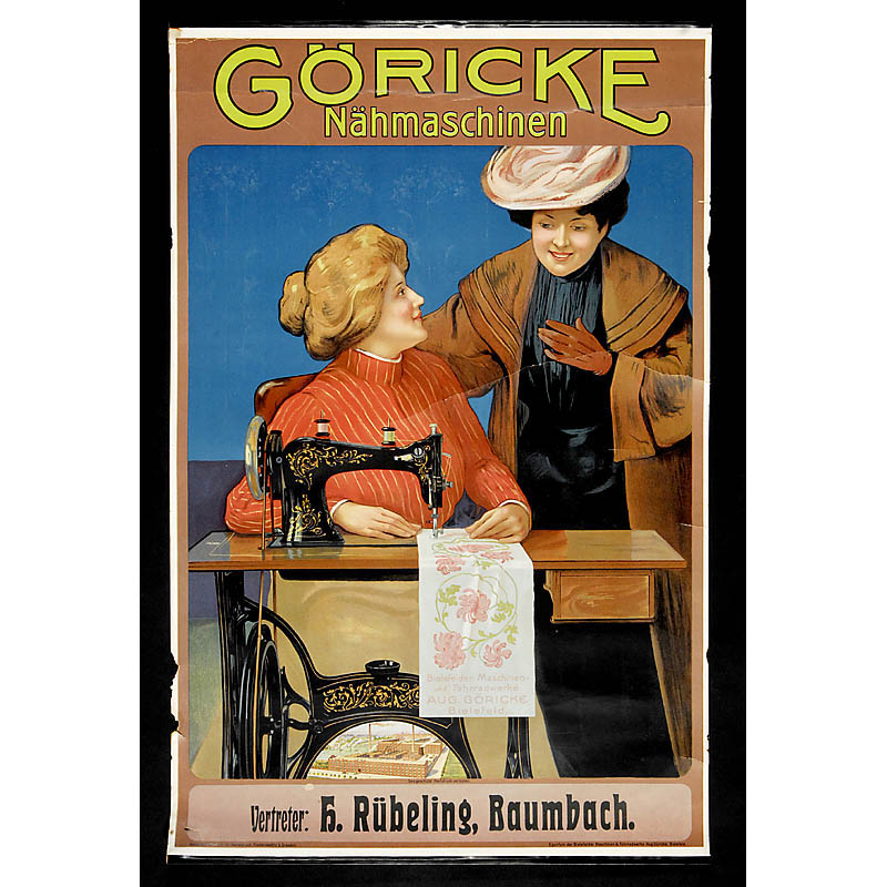 Sewing Machines Advertising Poster ""Göricke"", c. 1920 Lithograph, top and bottom with metal