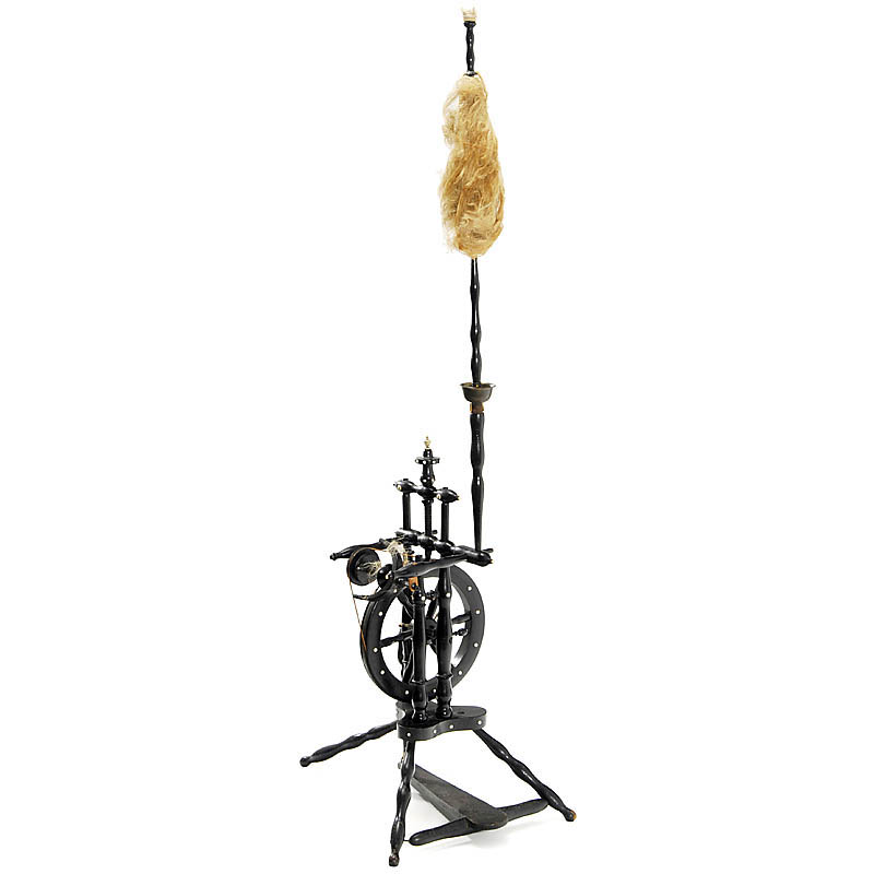 Spinning Wheel, 1888 Turned wood, ebonized, with bone decorations, dated 1888.  Spinnrad, 1888