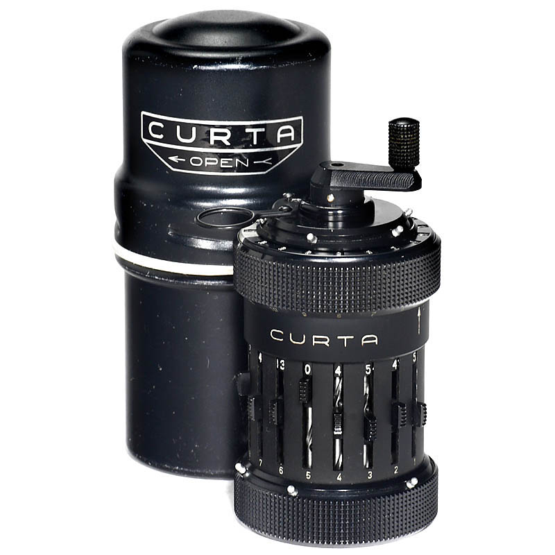 Curta ""Type I"" Calculator, 1948 Serial no. 48025. ? As smallest miniature stepped-drum machine, a